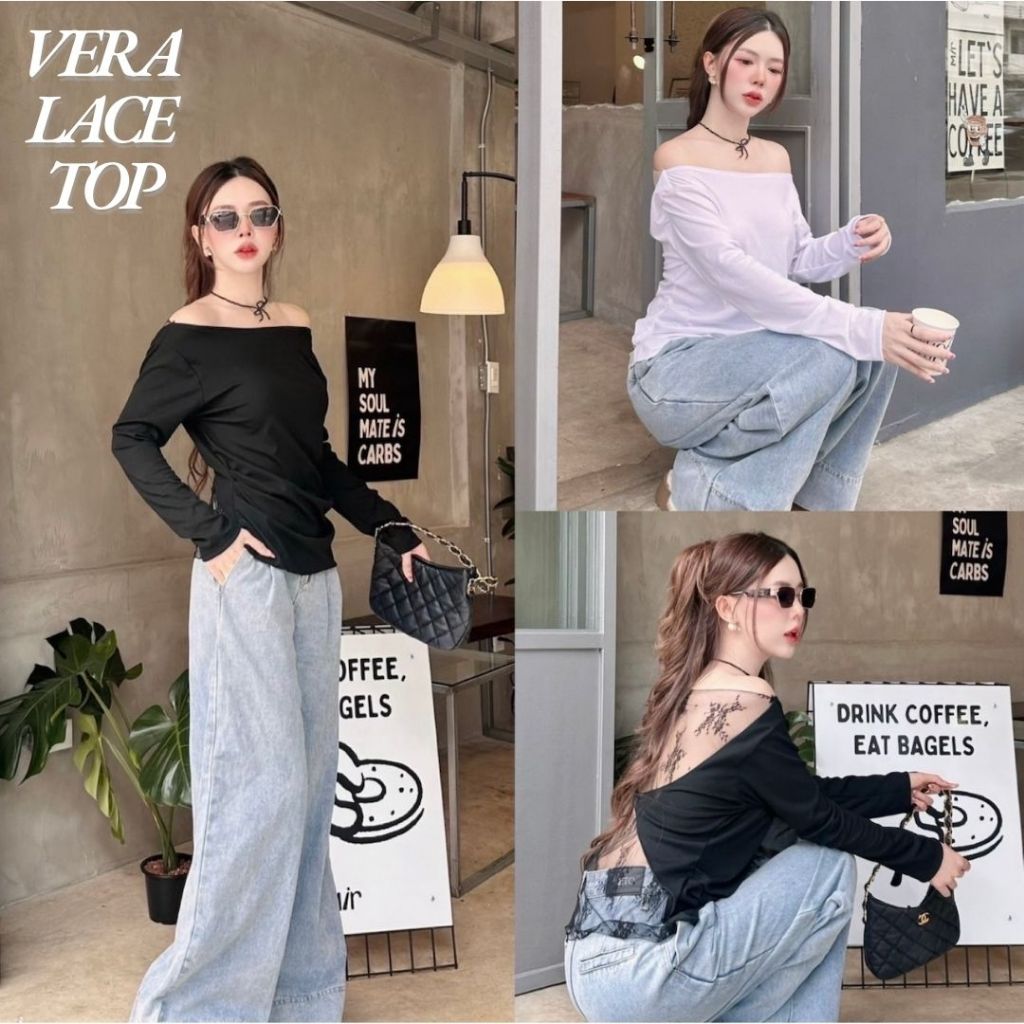 VERA LACE TOP : เสื้อปาดไหล่แขนยาว เสื้อแขนยาวสาวอวบสีขาว น่ารัก แต่งลูกไม้ เซ็กซี่ โชว์หลัง ป้าย Sheeny.