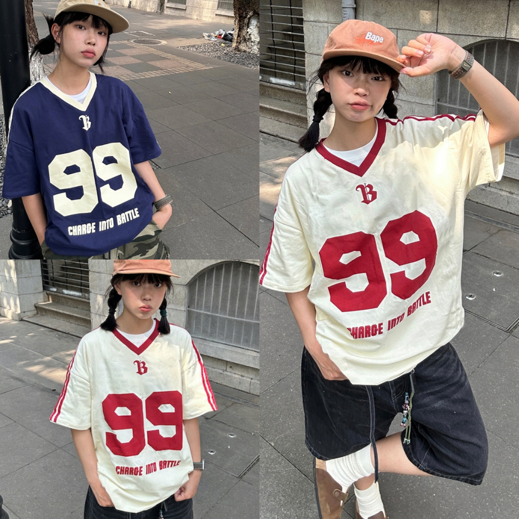 Beryl เสื้อยืดแขนสั้นสไตล์อเมริกันสำหรับผู้หญิง สไตล์ฤดูร้อนใหม่ พิมพ์ลายตัดกัน สไตล์สปอร์ต เสื้อตัวหลวม COOL GRIL