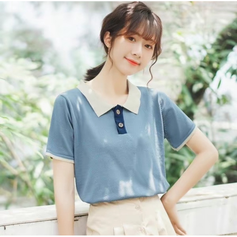 (ใส่ 1 ครั้ง‼️) เสื้อไหมพรมคอปกทูโทน จากร้าน Mai area