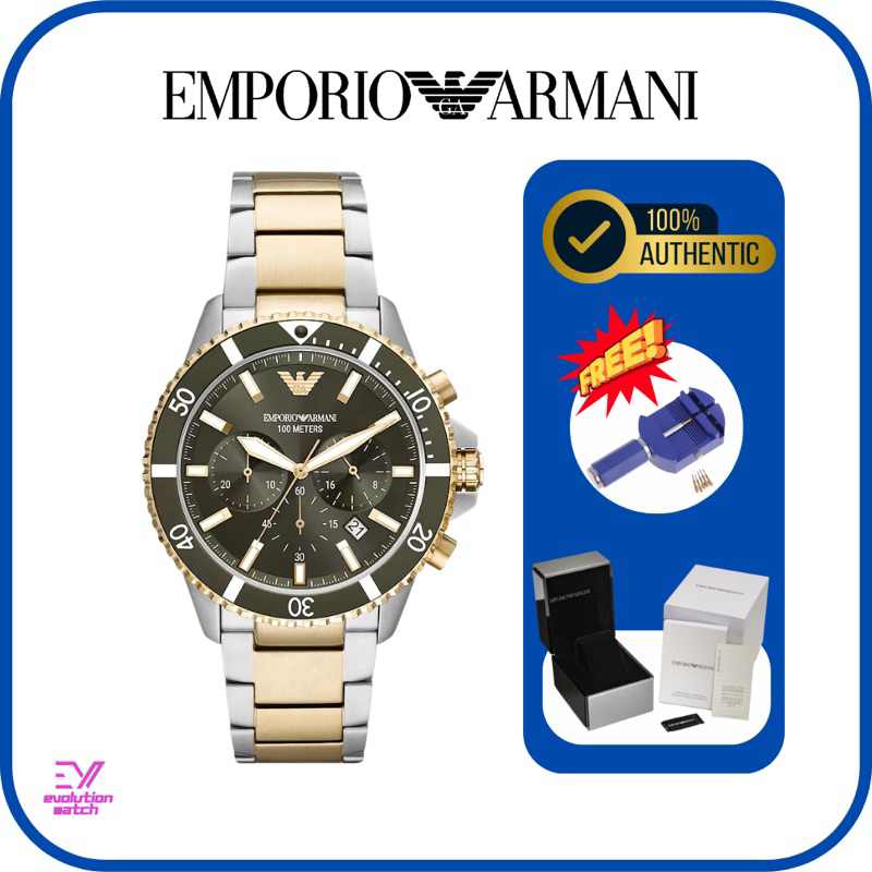 นาฬิกาข้อมือผู้ชาย EMPORIO ARMANI รุ่น AR11361 Diver Chronograph Green Dial Two Tone ของแท้100% ประก