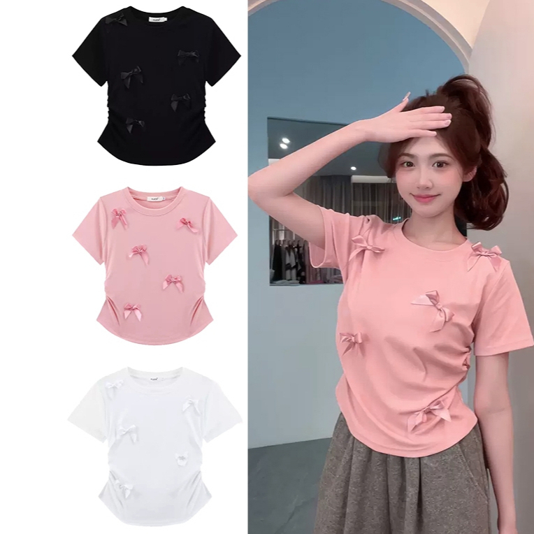 Sally C2549# เสื้อยืด ย่นข้าง แต่งโบว์ น่ารัก เสื้อยืดแขนสั้น