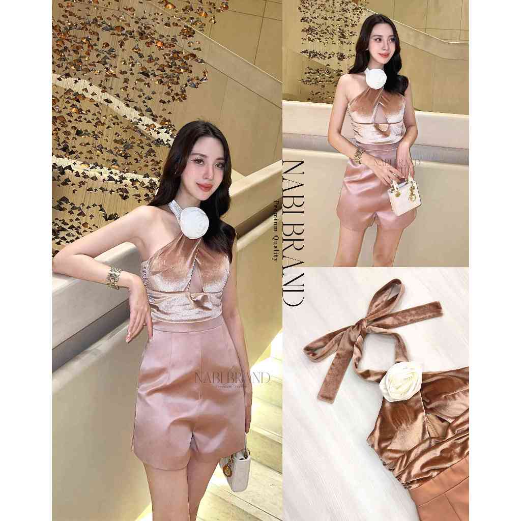 NABI BRAND N-2308 ชุดจั๊มสั้นขาสั้นทรงคล้องคอผูกโบว์หลัง