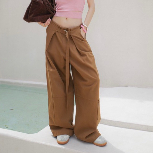 AMUSE BKK - Lower Belt Trousers กางเกงเอวต่ำ กิมมิคแต่งสายเข็มขัดด้านหน้า ขากระบอกใหญ่