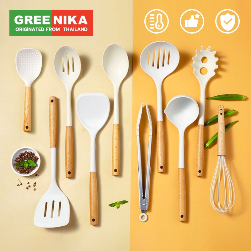 GREENIKA ชุดเครื่องครัวซิลิโคน 11ชิ้น ตะหลิว ทัพพี ไม้พาย กระบวย แปรง ที่คีบขนม ตะกร้อตีไข่ พิเศษสำหรับทำอาหา ทนความร้อน