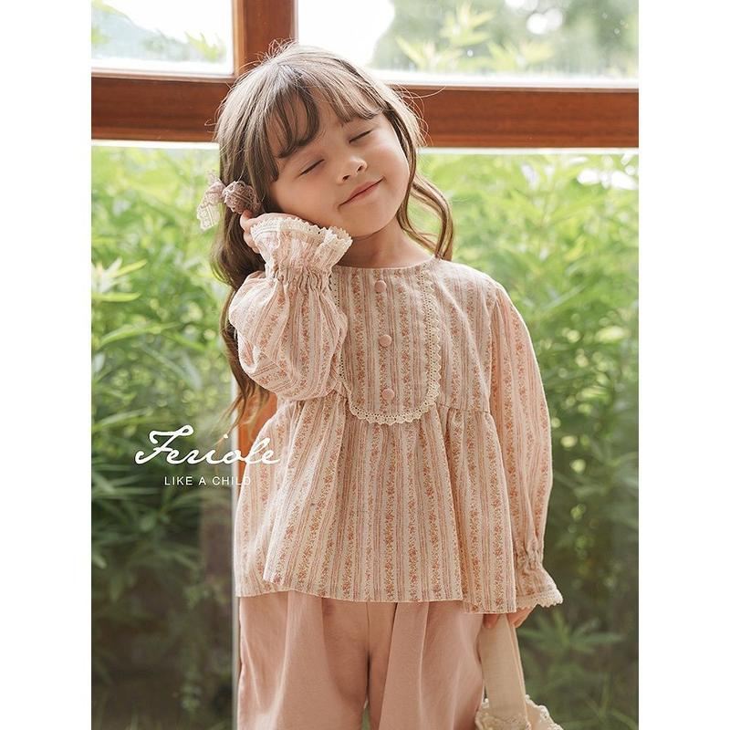 Hania Kids พร้อมส่ง เสื้อลายดอกไม้สีชมพู เนื้อผ้าดี ใส่สบาย เสื้อผ้าเด็กผู้หญิง -K2230216