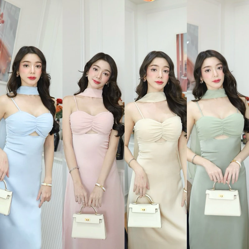 *โปรโมชั่น 8.8 เหลือ 589 ใช้โค้ดลดอีกค่า *P354ชุดเดรสผ้าซาตินยาวteerakanเดรส+ผ้าที่คอ