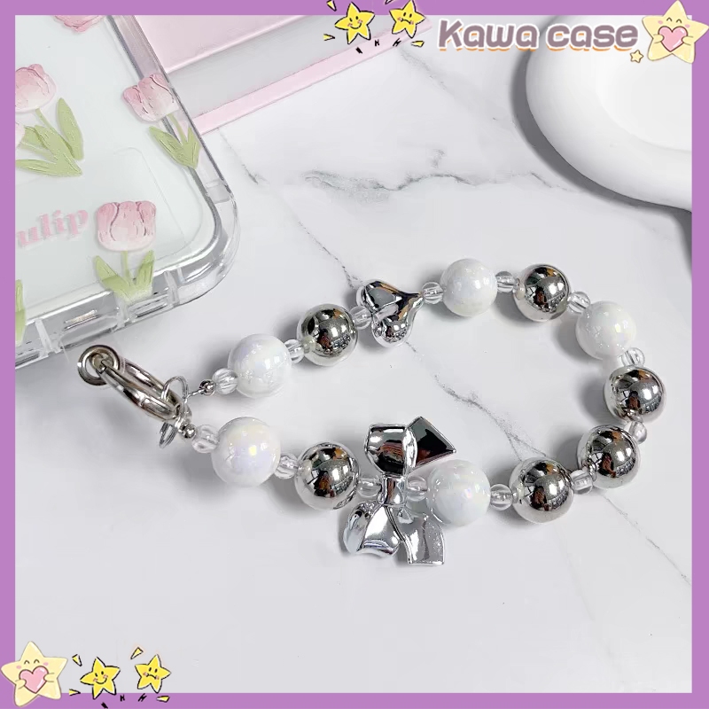 KAWA_เครื่องประดับ พวงกุญแจ จี้ลูกปัดไข่มุก อะคริลิค รูปผีเสื้อไข่มุก รูปทรงโบว์ สําหรับห้อยโทรศัพท์มือถือ