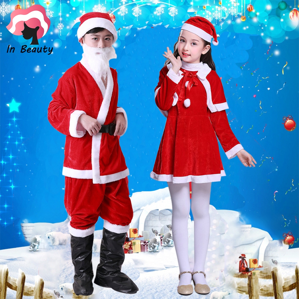 In Beauty Christmas ชุดแซนตี้เด็ก แขนยาว ผ้าคลุม หมวก เดรสกระโปรงแขนยาว ชุดแฟนซี มินิเดรสเด็ก ผู้หญิง X-mas