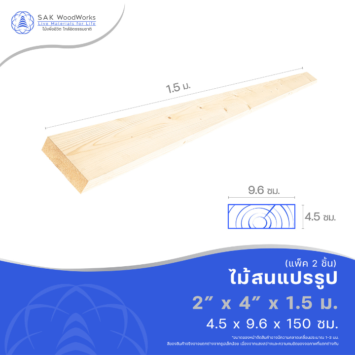 ไม้แปรรูปสนรัสเซีย ไสและขัด (Timber) ไม้สน ขนาด 4.5ซม. × 9.6ซม. × 1.5ม. แพ็ค 2 ชิ้น SAK WoodWorks