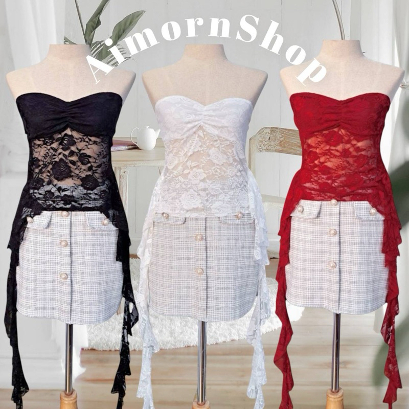 🔥aimorn_shop🔥เกาะอก ผ้าลูกไม้ยืด มีซับด้านหน้า ชายแต่งระบาย สไตร์สาวเวียดนาม