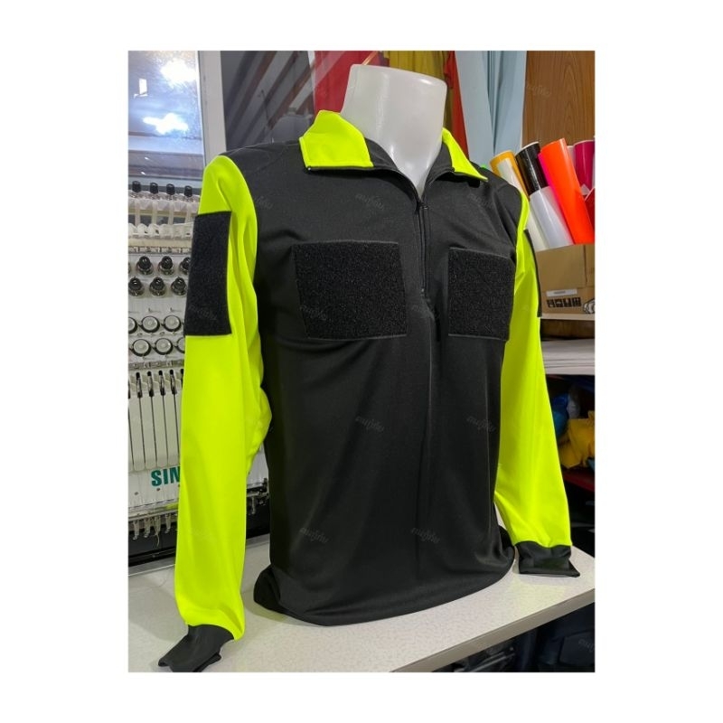 เสื้อกู้ภัย เสื้อใส่ฝึก (รุ่นไหล่ตรง)​ (ตัวดำแขนเหลืองสะท้อน)​ คอซิปปก ตีนตุ๊กแก​4จุด