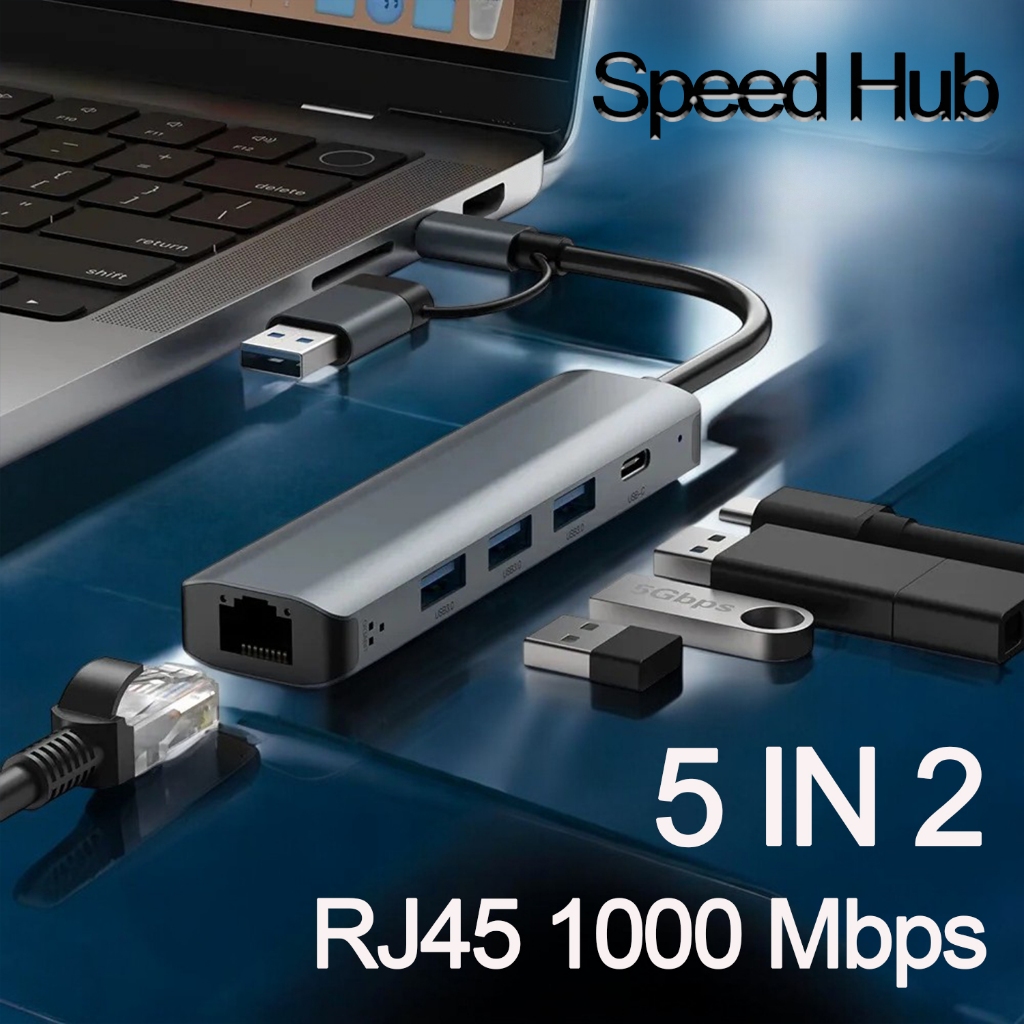 Speed Hub 5 in 2 Type-c/ USB 3.0 OTG USB3.0/Type-CTO RJ45 Gigabit Ethernet