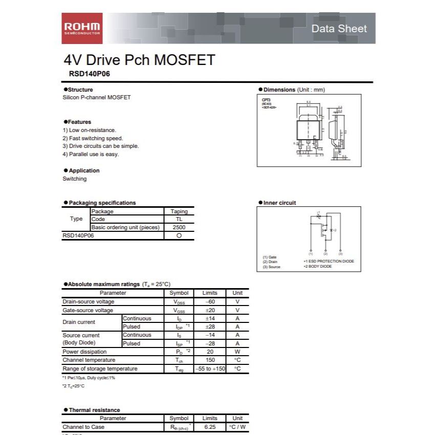 มอสเฟต RSD140P06TL RSD140P06 (จำนวน 10ชิ้น) 60V 14A 20W 4V TO-252 ROHM ของแท้