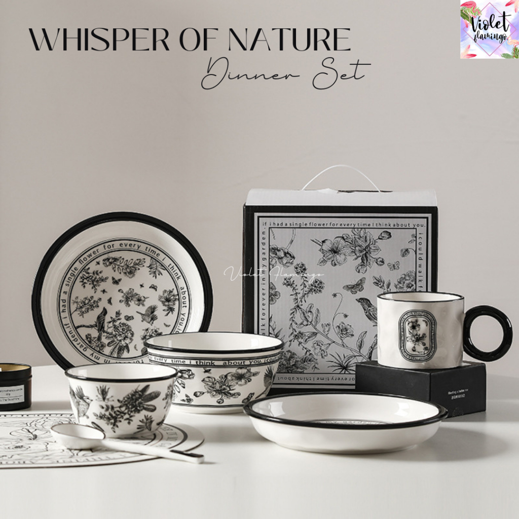 Violet Flamingo เซ็ตของขวัญชุดจานชามเซรามิค รุ่น Whisper of Nature จาน ถ้วย และแก้วมัค เข้าไมโครเวฟได้