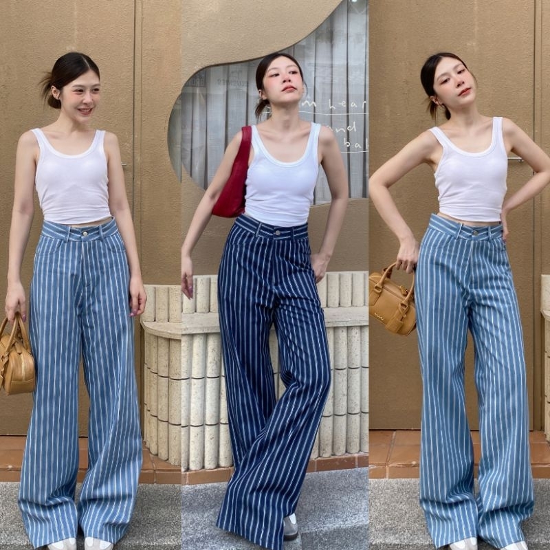 Q.Queen Denim Pants กางเกงขากระบอกลายทางตรงลงผ้าคอตตอนยีนส์