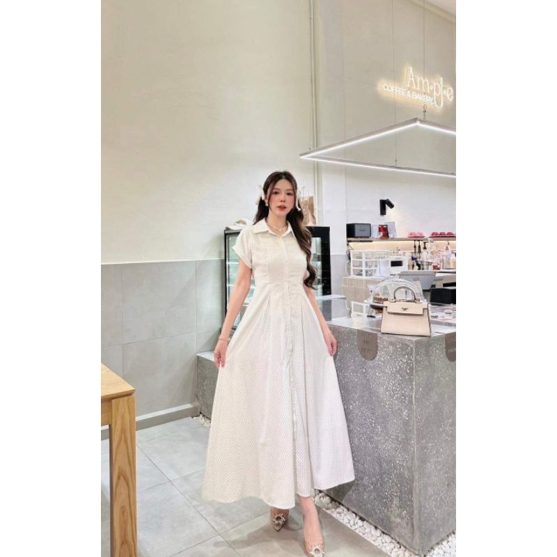 (2xl) พร้อมส่ง🌷ชุดเดรสยาวคอปกกระดุมหน้าลายจุดน้ำเงิน งานป้าย Bo rich ta แท้ มือ1 ป้ายห้อย