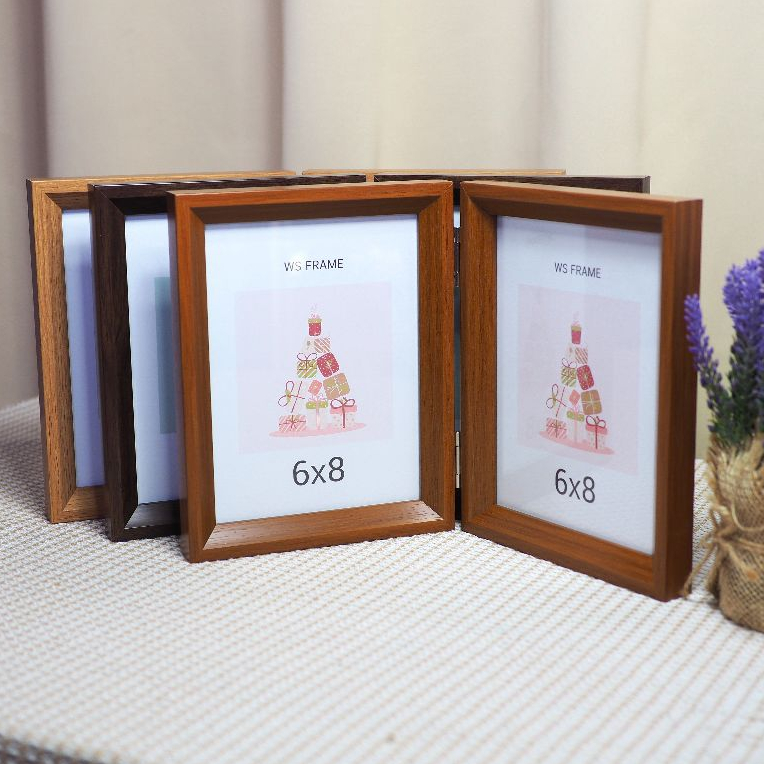 กรอบรูปบานพับสไตล์โมเดิร์น สีไม้ขอบหน้าสูงมีมิติ สำหรับตกแต่งบ้าน เรียบหรูดูสวยงาม กรอบกระจกใส 2 มม.