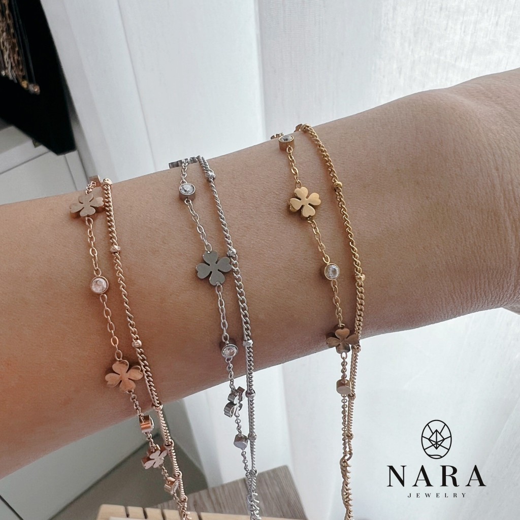 (Nara Jewelry) สร้อยข้อมือ 7 สร้อยข้อมือใบโคลเวอร์ Lucky clover bracelet. (งานสแตนเลส 18K โดนน้ำหอมได้ ไม่ลอก ไม่ดำ)