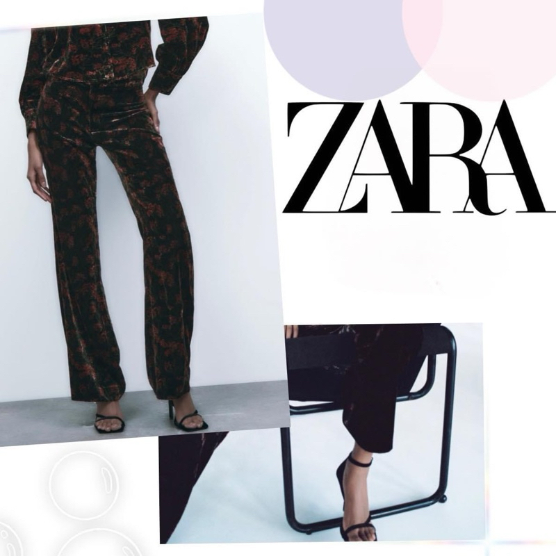ZARA เพิ่งมาใหม่ล่าสุด กางเกงขายาวเอวสูงทรงกระบอกผ้ากำมะหยี Zara Printed Velvet Trouser สีดำลายดอกแดง