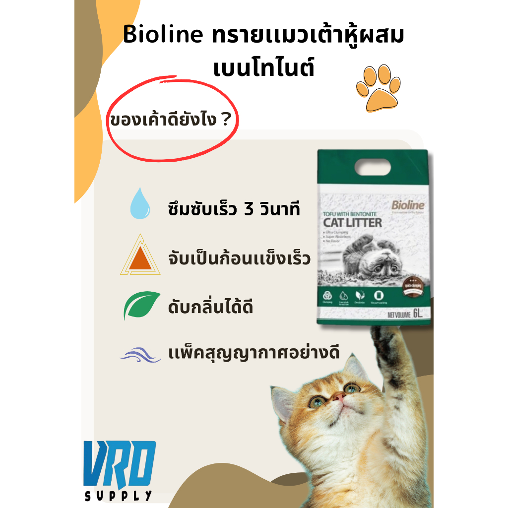 bioline ทรายแมวเต้าหู้ผสมเบนโทไนท์ 6L,Bioline Tofu With Bentonite Cat Litter -BL(2553)