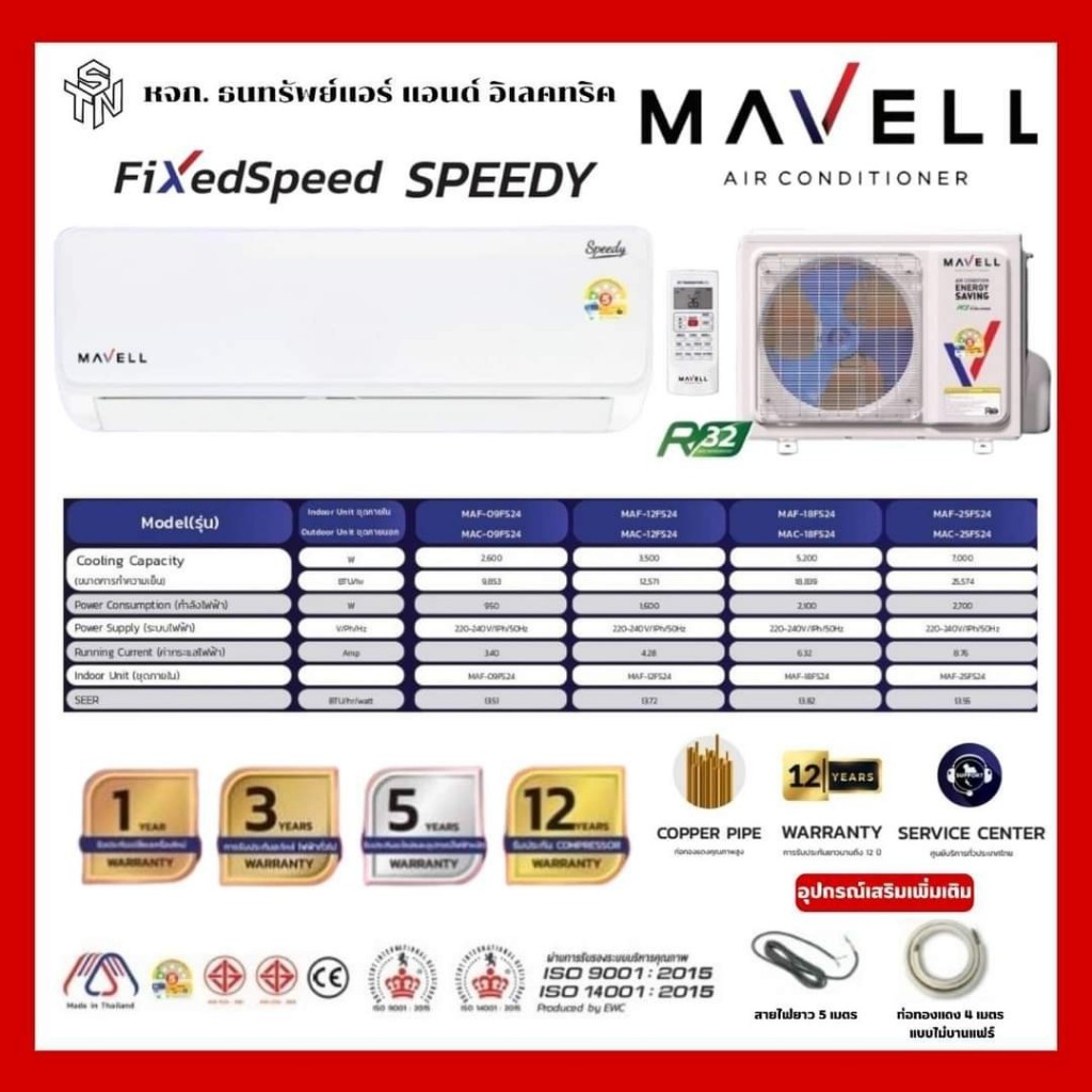 MAVELL แอร์ ขนาด 9000-24000 BTU รุ่น Fixed Speed SPEEDY PM 2.5