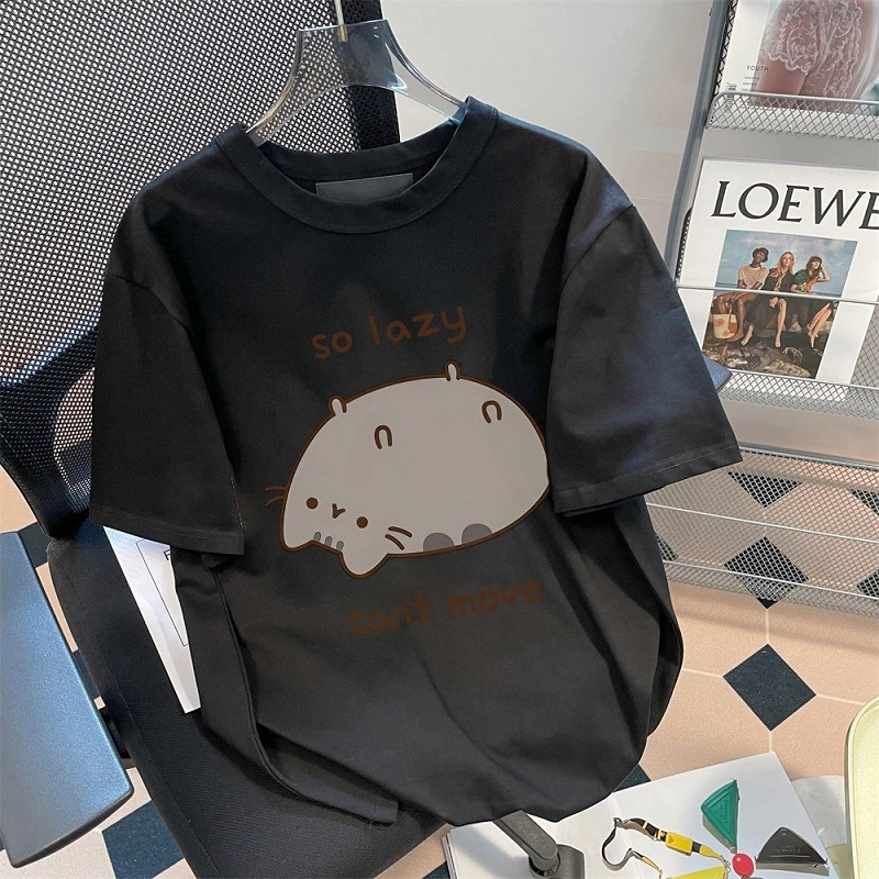 Top.street เสื้อแฟชั่น สัตว์การ์ตูนตลกพิมพ์เสื้อยืดแขนสั้นหลวม สาวอวบ t-shirt สไตล์เกาหลี ใส่ได้ทั้งชาย-หญิง สีดำ-3XL