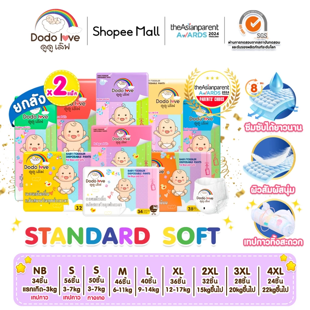 ยกลัง 2แพ็ค DODOLOVE Standard Soft กางเกงผ้าอ้อม ผ้าอ้อม Size NB-4XL นุ่ม บางเบา ใส่สบาย มีโลเทปม้วนทิ้ง