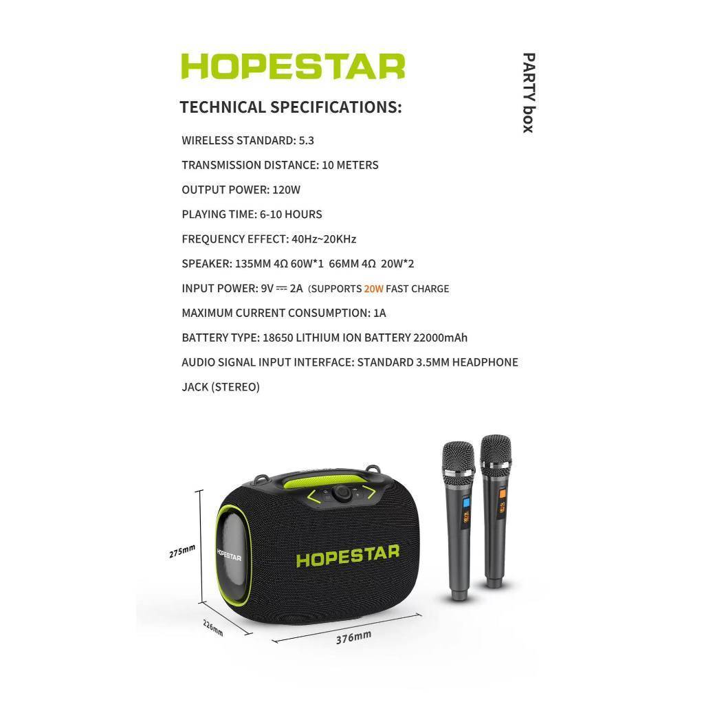 ลำโพงบลูทูธHopestar Party box ลำโพง 120W พร้อมไมล์หลายสาย2ตัว เอฟเฟคเสียงเปลี่ยนได้3ระดับ ของแท้100%