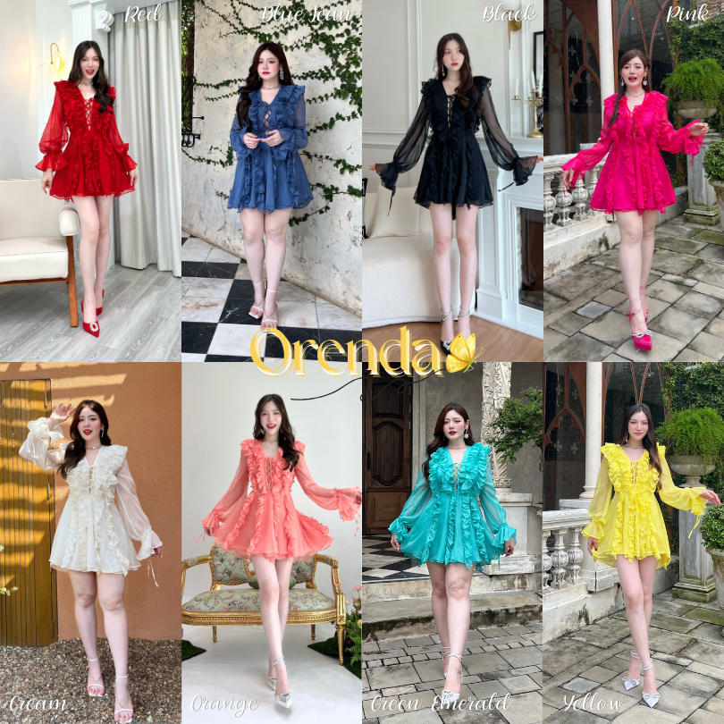 SEOULMATE ORENDA #SM9216 เดรสแขนยาวผ้าไหมชีฟอง แต่งระบายทั้งตัว เพิ่มลูกเล่นเชือกผูกช่วงอกเซ็กซี่ขยี้ใจสุดๆ