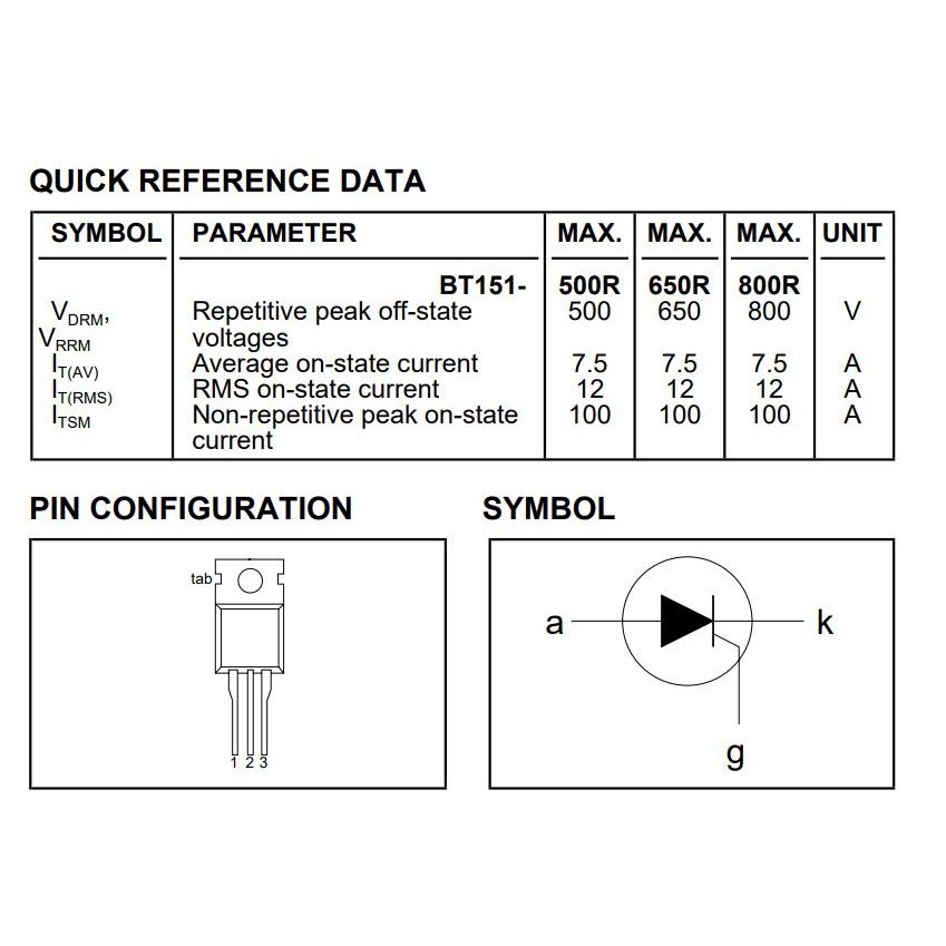 Thyristor ไทริสเตอร์ BT151-500R (จำนวน 100ชิ้น) 500V 12A TO-220 WEEN ของแท้