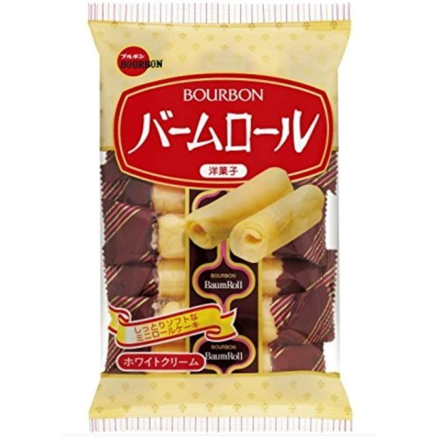 BOURBON BAUM ROLL เค้กบัมโรล เค้กโรล เคลือบไวท์ช็อกโกแลต เค้กบัม จากญี่ปุ่น 105 g.