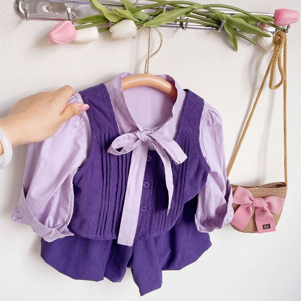 jqk ชุดเซ็ทแฟชั่นเด็ก 3 ชิ้น เสื้อแขนยาว+เสื้อกั๊ก+กางเกง (สีม่วง) รุ่น LL065