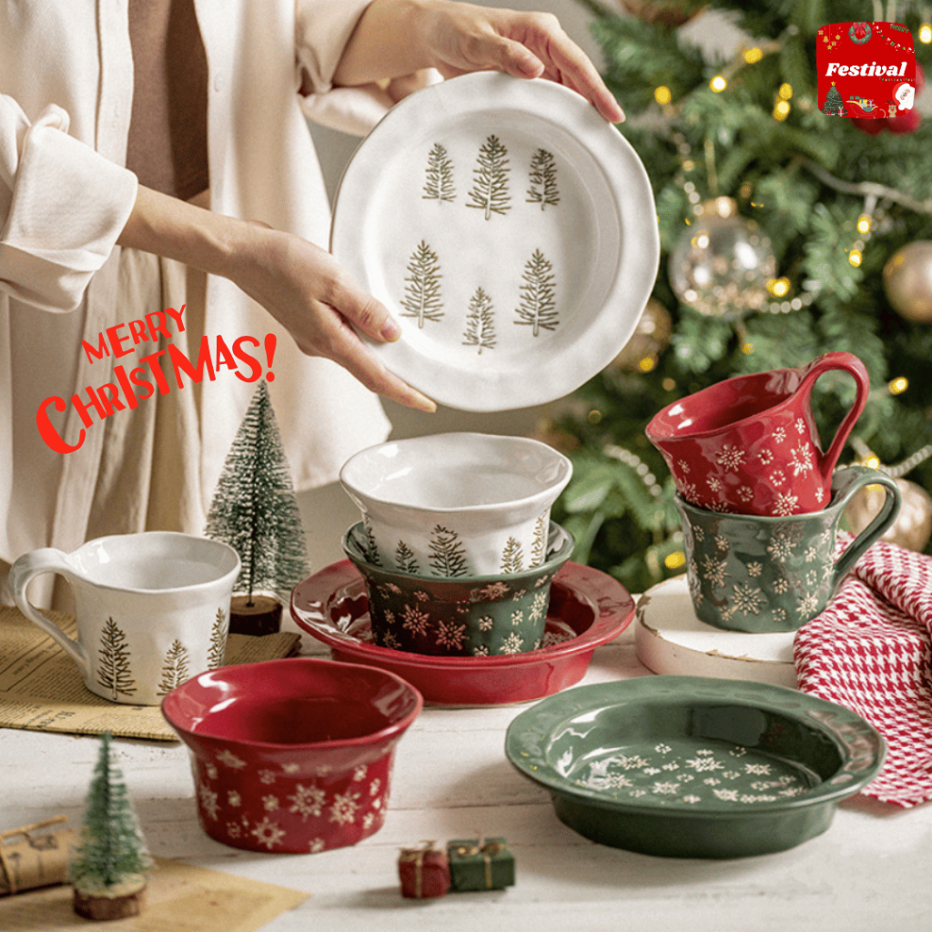 ชุดจาน ชาม ถ้วย Christmas Collection ใช้บนโต๊ะอาหาร ลายวันคริสต์มาส