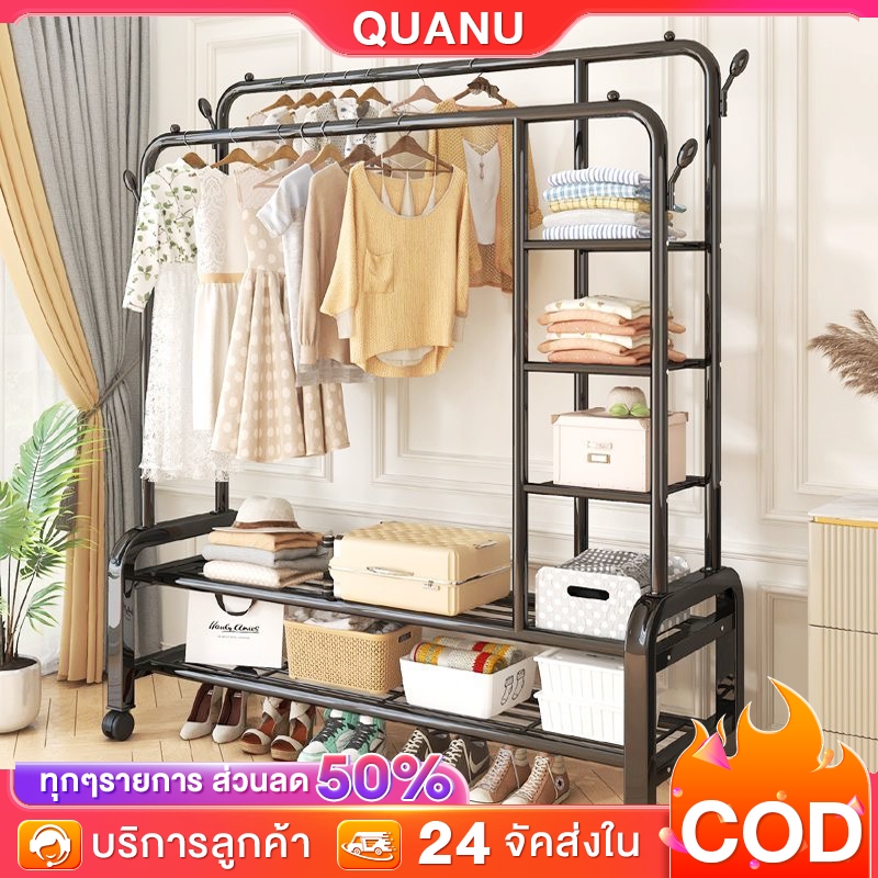[รุ่นบาร์คู่]ราวตากผ้า ราวตากผ้า ราวแขวนผ้าบาร์คู่ พร้อมล้อเลื่อนเคลื่อนย้ายสะดวก พร้อมชั้นวางของ ที่แขวนหมวก วางรองเท้า
