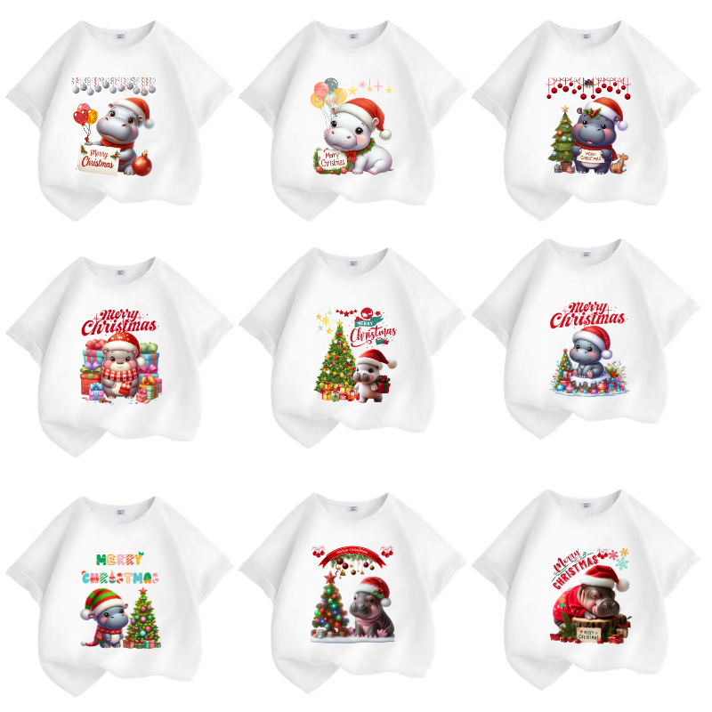 HOT 2025 เสื้อยืดเด็กพิมพ์ลายวันคริสต์มาส Merry Christmas เนื้อผ้าฝ้าย "สีขาว" Pattern 759-809