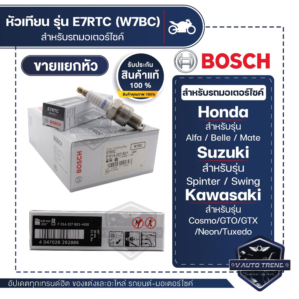 F01A227B21 หัวเทียน BOSCH E7RTC(W7BC) Alfa,Belle,Mate,Spinter,Swing,Cosmo,GTO/GTX,Neon,Tuxedo หัวเที