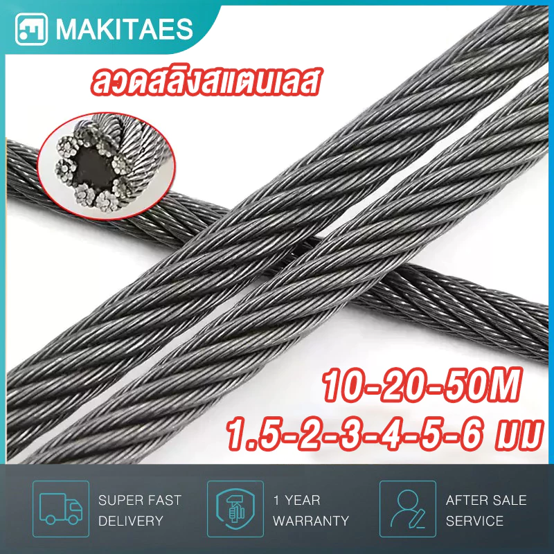🔥50M🔥 สลิง เชือก ขนาด 1.5,2,3,4,5,6 มม ลวดสลิงสแตนเลส Stainless Wire Rope จาก