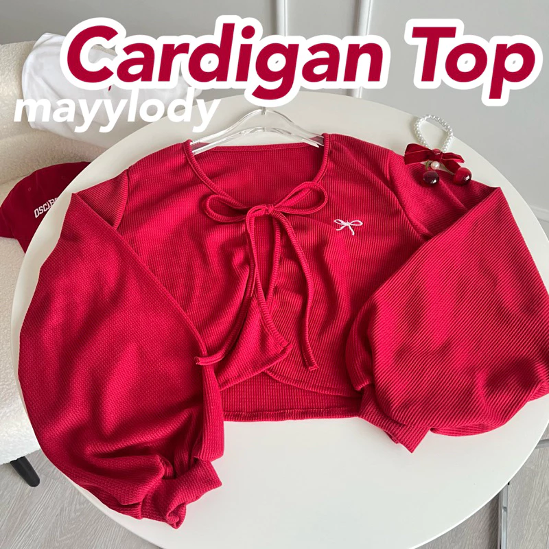 ❤️mayylody❤️ Cardigan Top คาร์ดิแกน / เสื้อคลุม / เสื้อแขนยาว แขนพองตุ๊กตา ปักโบว์ สไตล์เกาหลี ❤️เสื้อสีแดง / คริสต์มาส