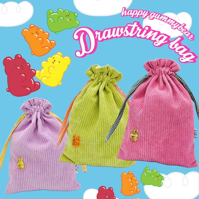 พร้อมส่ง unique ถุงผ้าหูรูด gummy bear ผ้าลูกฟูกสีน่ารักมีซับใน