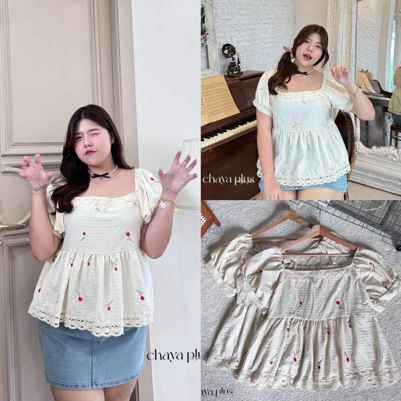 (LD) เสื้อคอเหลี่ยมแขนตุ๊กตา ผ้าครัชปักดอกทิวลิป น่ารักมากเว่อร์ แต่งลูกไม้ เสื้อผ้าสาวอวบอ้วน พลัสไซส์ ไซส์ใหญ่