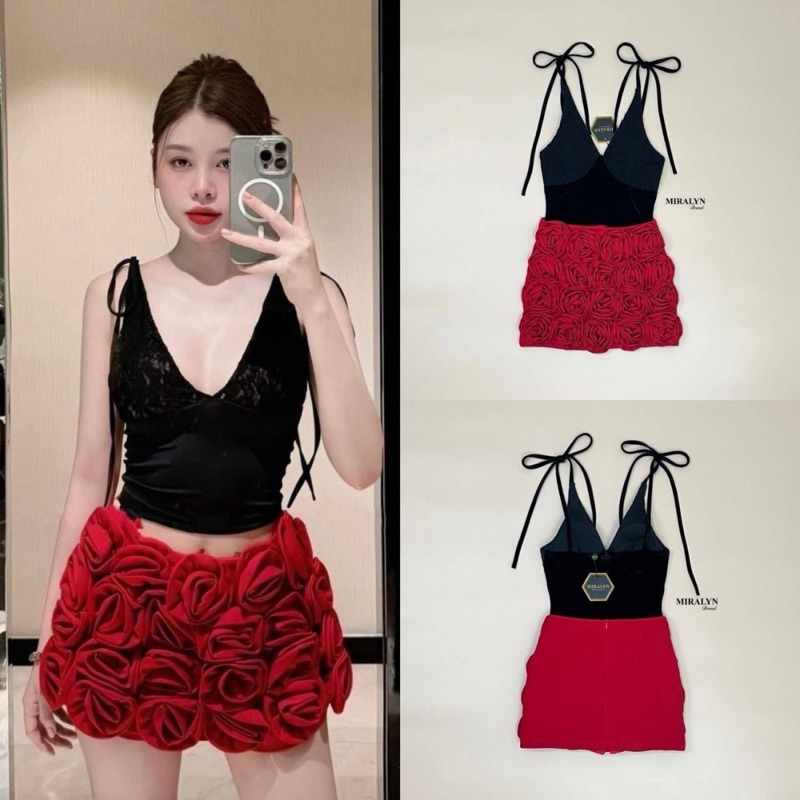 Set 2 ชิ้น เสื้อสายเดี่ยวผูกบ่าสีดอกแต่งผ้าลูกไม้หนาช่วงตัวผ้ากำมะหยี่สีดำอกเสริมฟองน้ำ มาคู่กับกระโปรงสุดจี้ดสีแดง