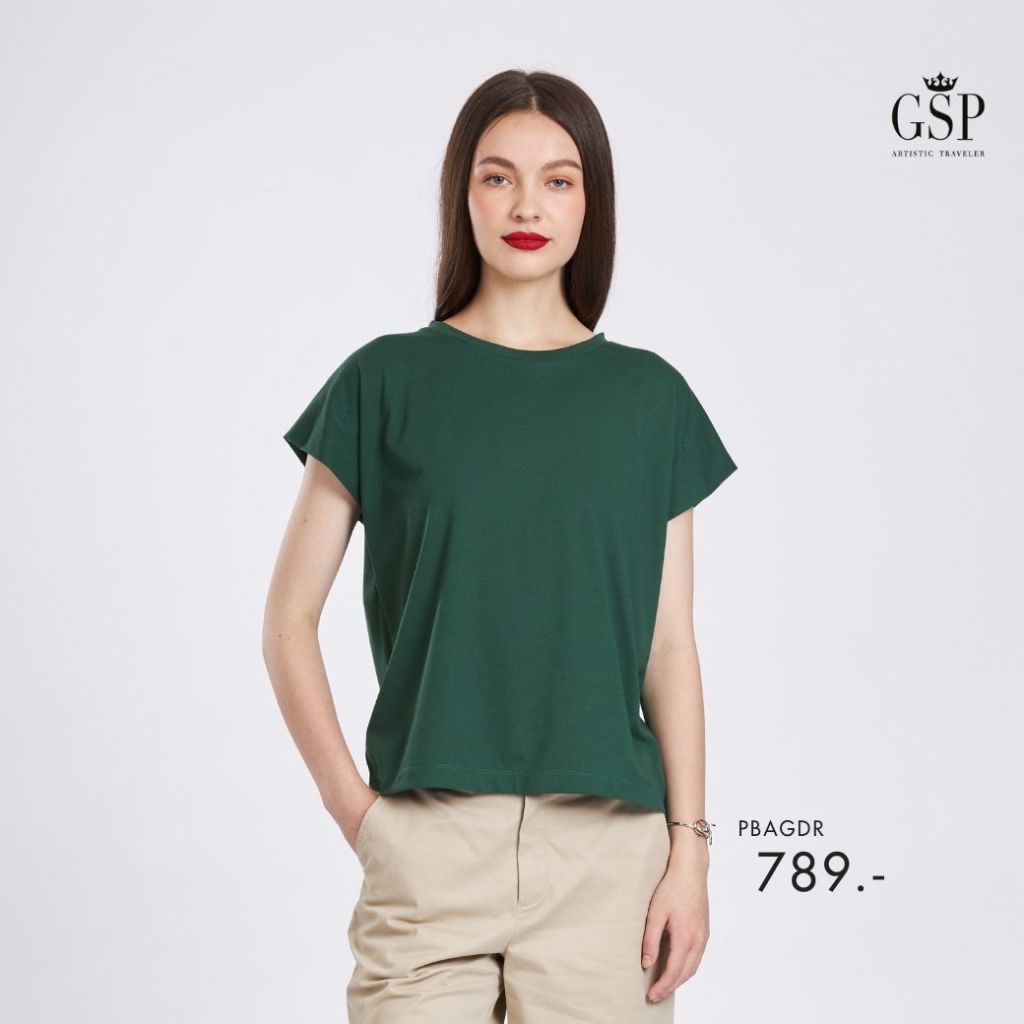 GSP เสื้อยืดคอกลม Color Crop Tee แขนล้ำ สีเขียว PBAGDR