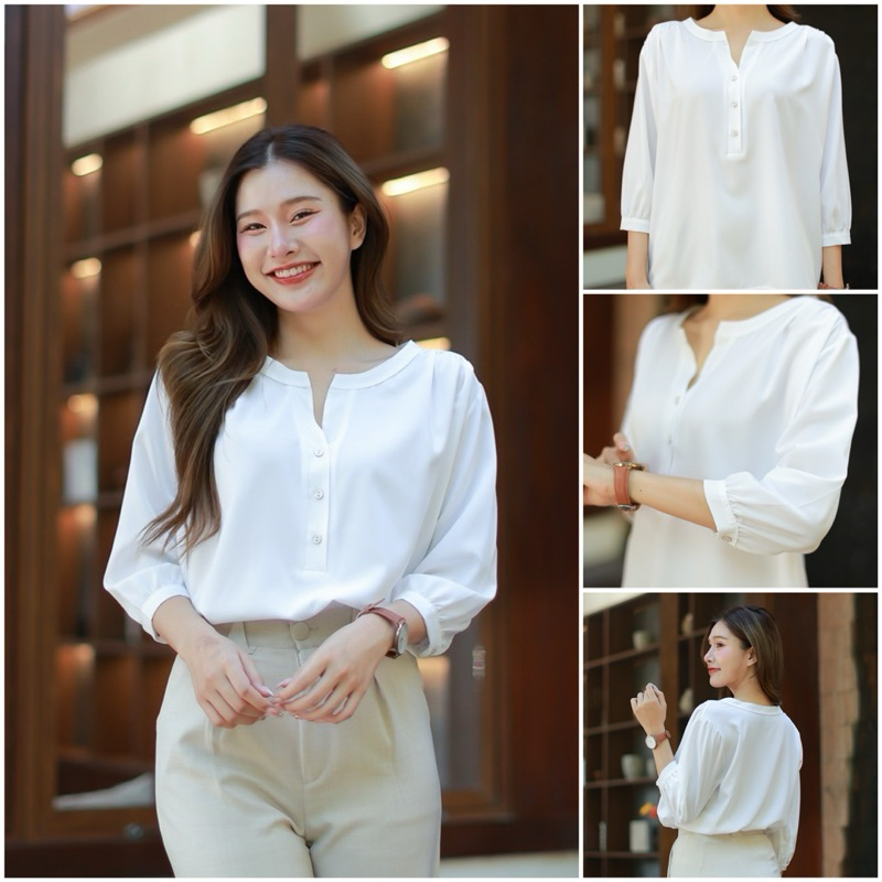 เสื้อคอวีจีน  แขนสี่ส่วน จีบไหล่ #l154shop_750
