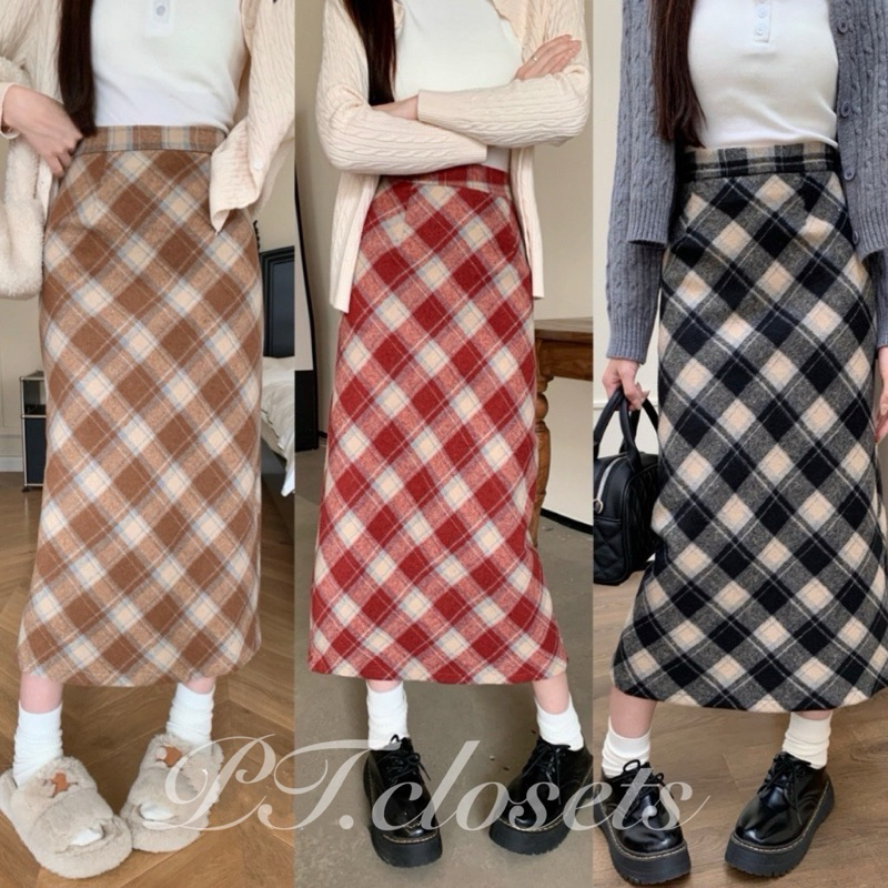 PT closets ♡ พร้อมส่ง กระโปรงทรงเอยาว[แบบยาว] ลายสกอต เนื้อผ้ายืดใส่สบาย #INT S-XL