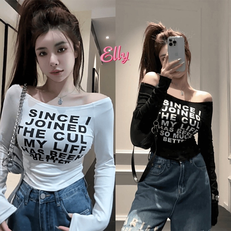 Elly พร้อมส่ง🎈เสื้อยืดปาดไหล่แขนยาว🎈เสื้อเซ็กซี่ผู้หญิง เสื้อยืดแฟชั่นผู้หญิง croptopแขนยาว พิมพ์ลายตัวอักษรY2K