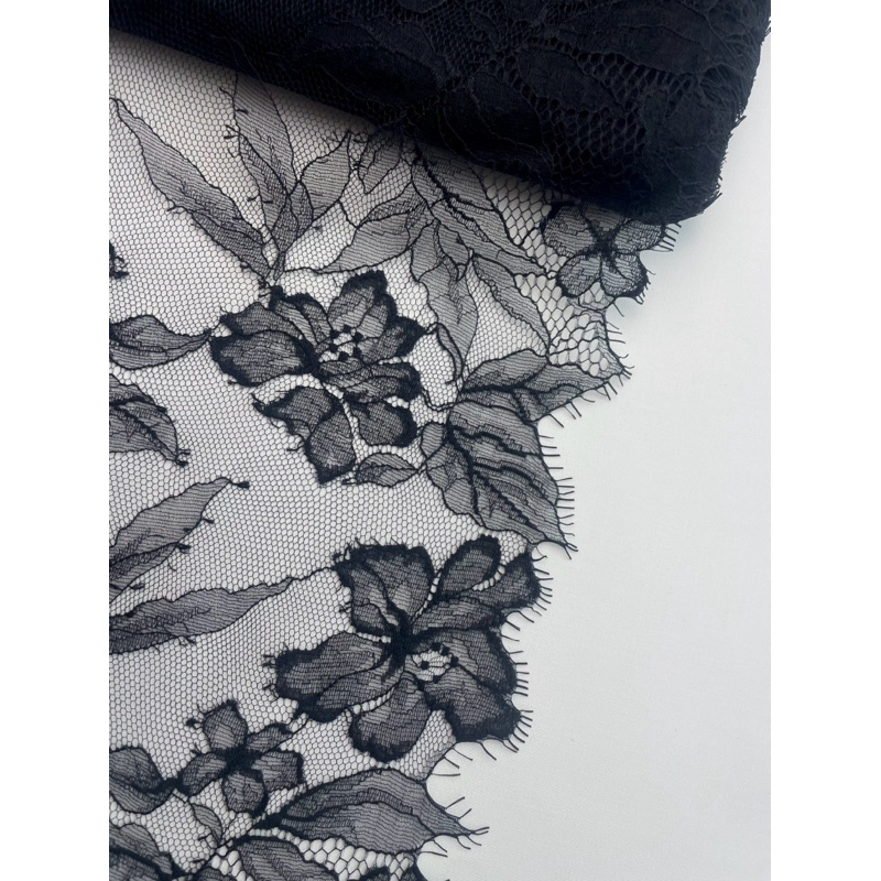 ลูกไม้สีดำ ลูกไม้ลายดอก กว้าง 8.5 นิ้ว เมตรละ 40฿ เนื้อผ้าเบา ไม่คัน