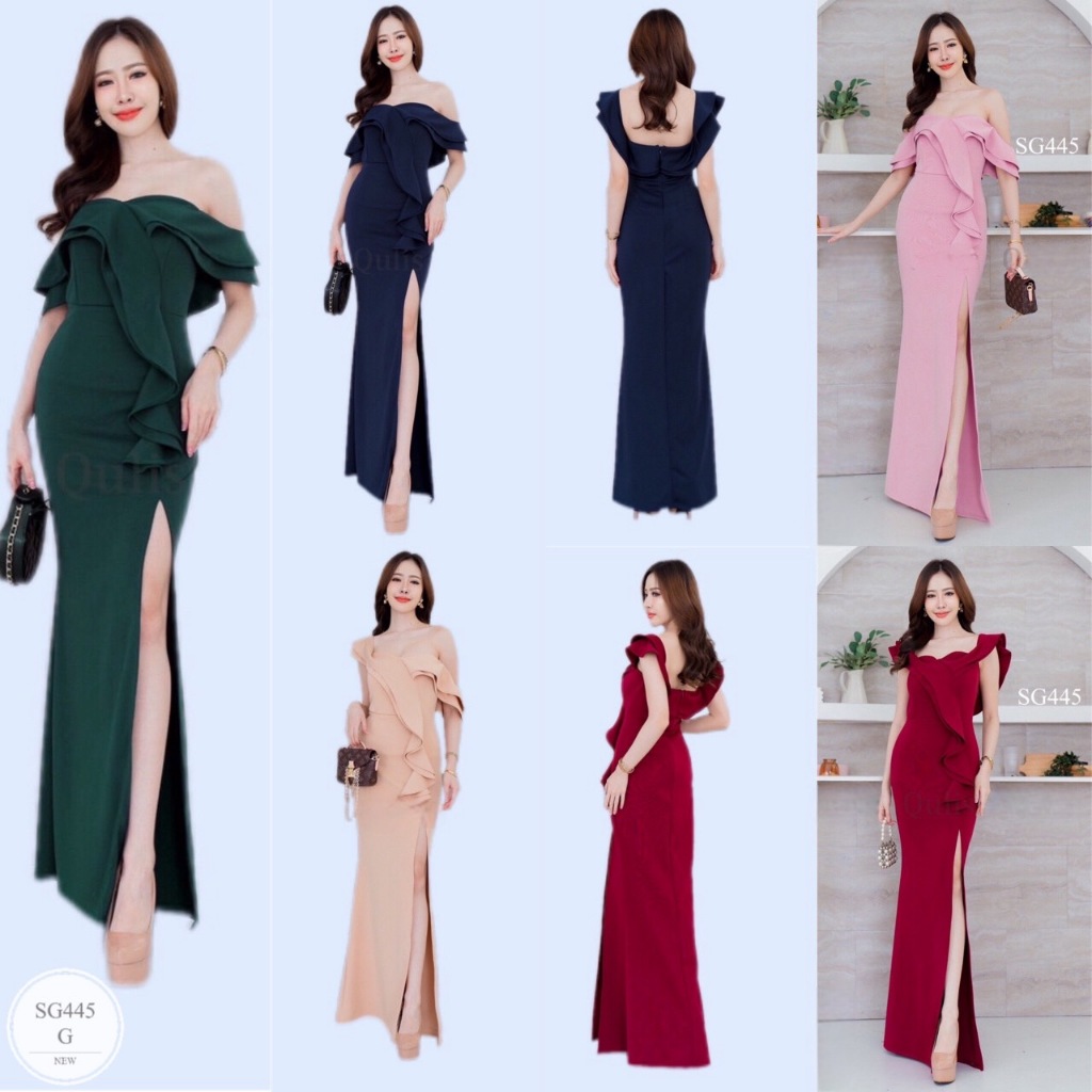 ES445 ชุดเดรสออกงาน ชุดเพื่อนเจ้าสาว ชุดราตรียาวสวย ผ้ามิลิน เนื้อดี มีน้ำหนัก ยืดหยุ่นได้ดี แพทเทิร์นสวย