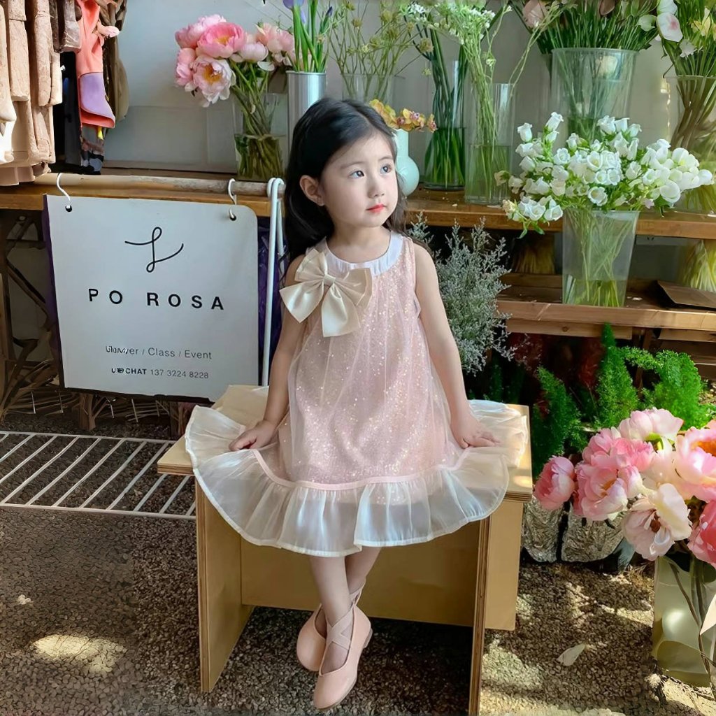PRINCESS KESLI สไตล์เกาหลี ชุดเดรสเด็กผู้หญิง เดรสออกงาน แขนกุด ฟรุ้งฟริ้ง แต่งโบว์ 1-11 ปี รูปที่ 3