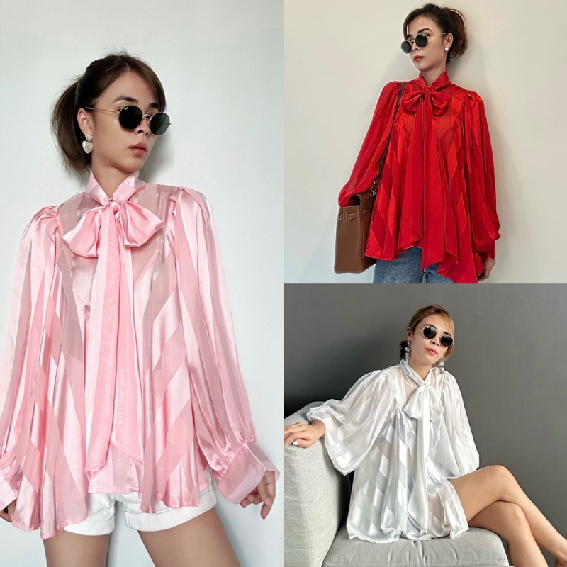 เสื้อแขนยาวแต่งโบว์ผ้าพริ้วๆ