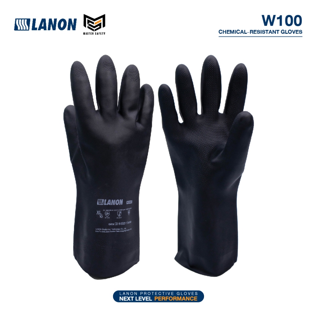 LANON รุ่น W100 ถุงมือกันสารเคมี ระดับ 3 ถุงมือทนการเสียดสี ถุงมือยางแท้ ถุงมือป้องกันแอลกอฮอล์ ด่าง เบส กรด แอลดีไฮด์